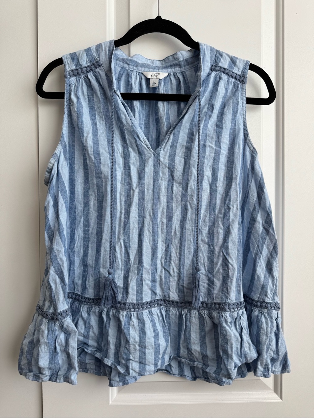 Crown & Ivy Linen Blend Blue Striped Tassel Peplum Tank | Size L